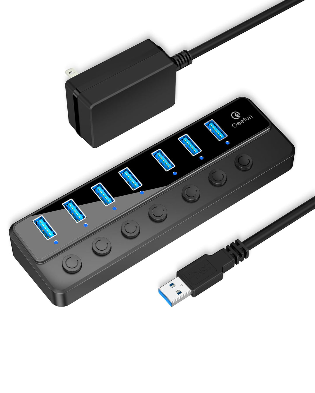 Qeefun Powered USB 3.0 Hub, 7-Ports USB Date Hub, 12V/2A 24W USB Extension Splitter und individuelle