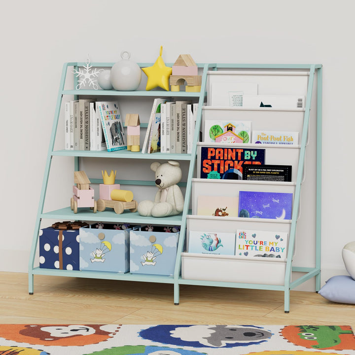 KEEPREAPER Bücherregal Kinder Metall mit 5 Fächern und 3 Ablagen, Kinderregal Montessori Spielzeug-O