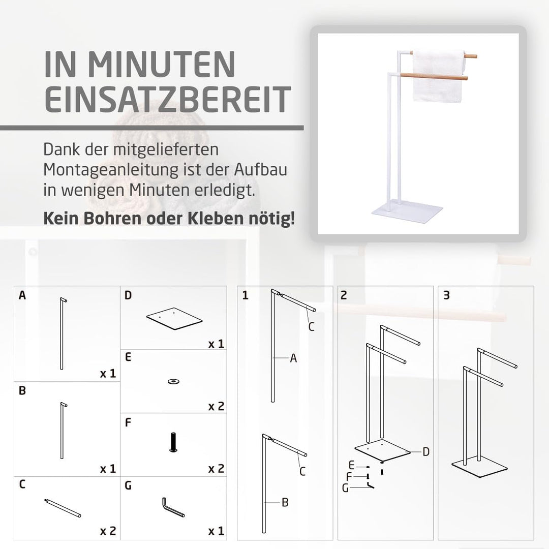 Amig - Weisser freistehender Handtuchhalter mit Holzstangen - Doppelständer für Badetücher - Minimal