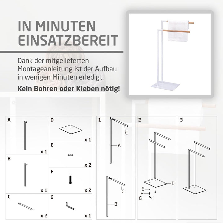 Amig - Weisser freistehender Handtuchhalter mit Holzstangen - Doppelständer für Badetücher - Minimal