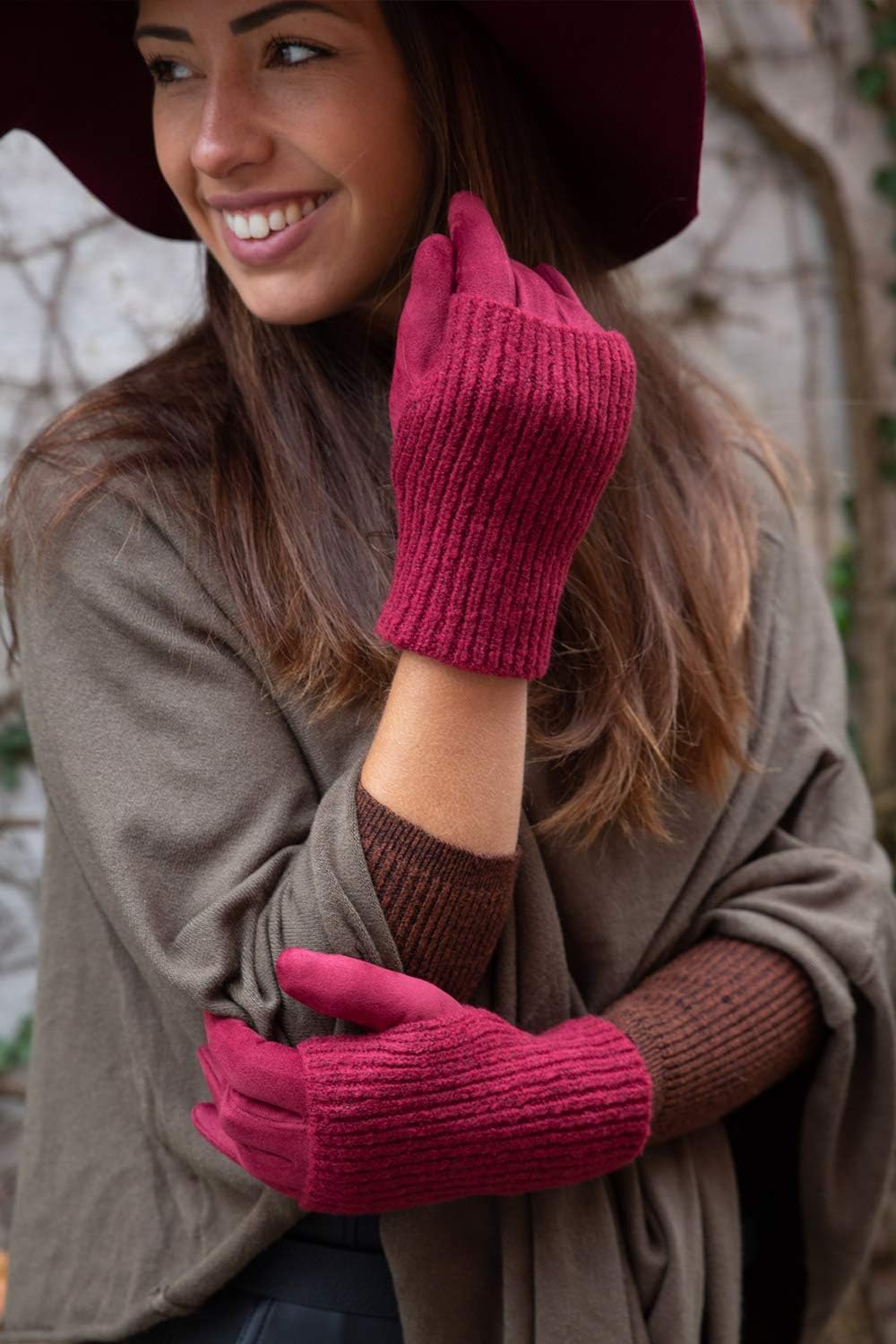 styleBREAKER Damen Touchscreen Stoff Handschuhe mit abnehmbaren Strick Stulpen, warme Fingerhandschu