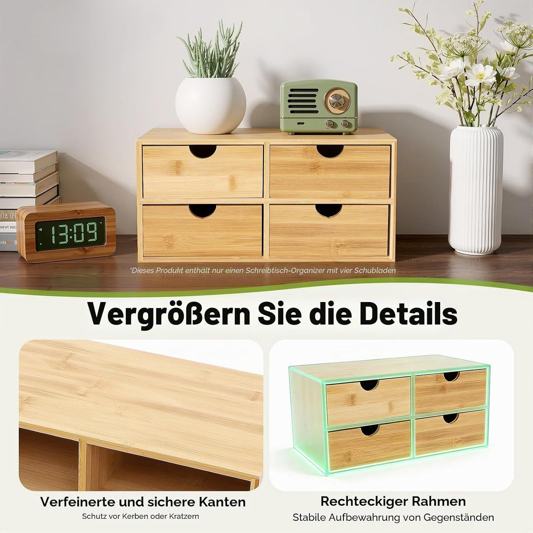 Desktop Aufbewahrung Box Bambus Vintage, 4-stufiges Schubladensystem mit stabiler Ablagefläche, natü