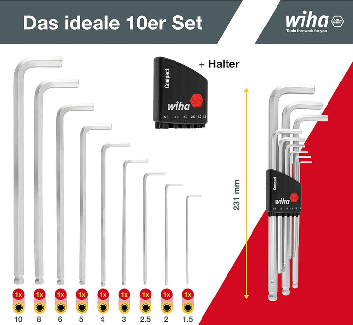 Wiha Innensechskant Schlüssel Satz 10-tlg (02292) I Stiftschlüssel Set mit Kugelkopf für Winkel bis
