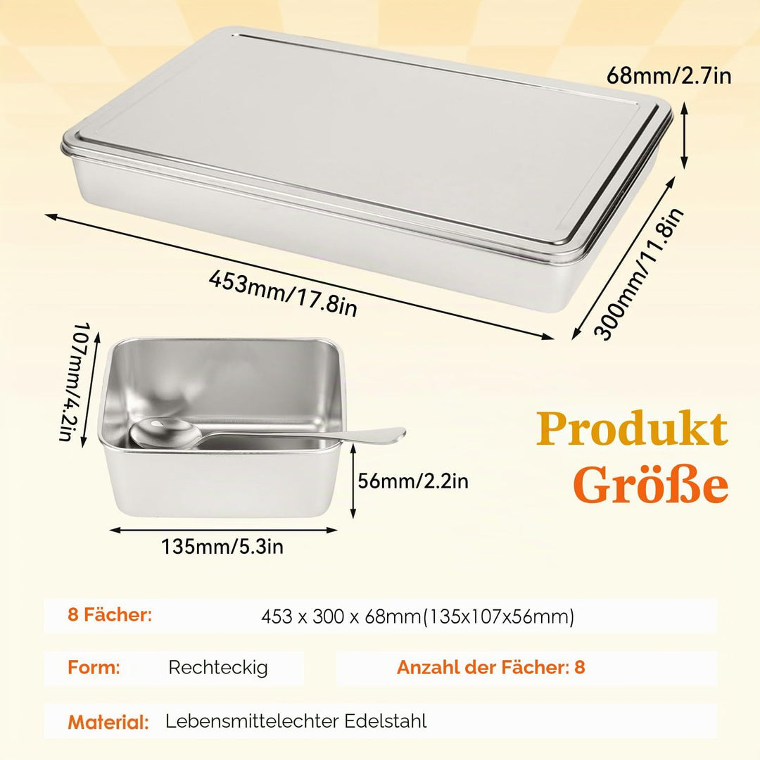 Hapivida Zutatenbehälter Pizza Edelstahl 453x300x68 mm 8 Gitter Gewürzbox Beilagenbehälter Gewürz Be