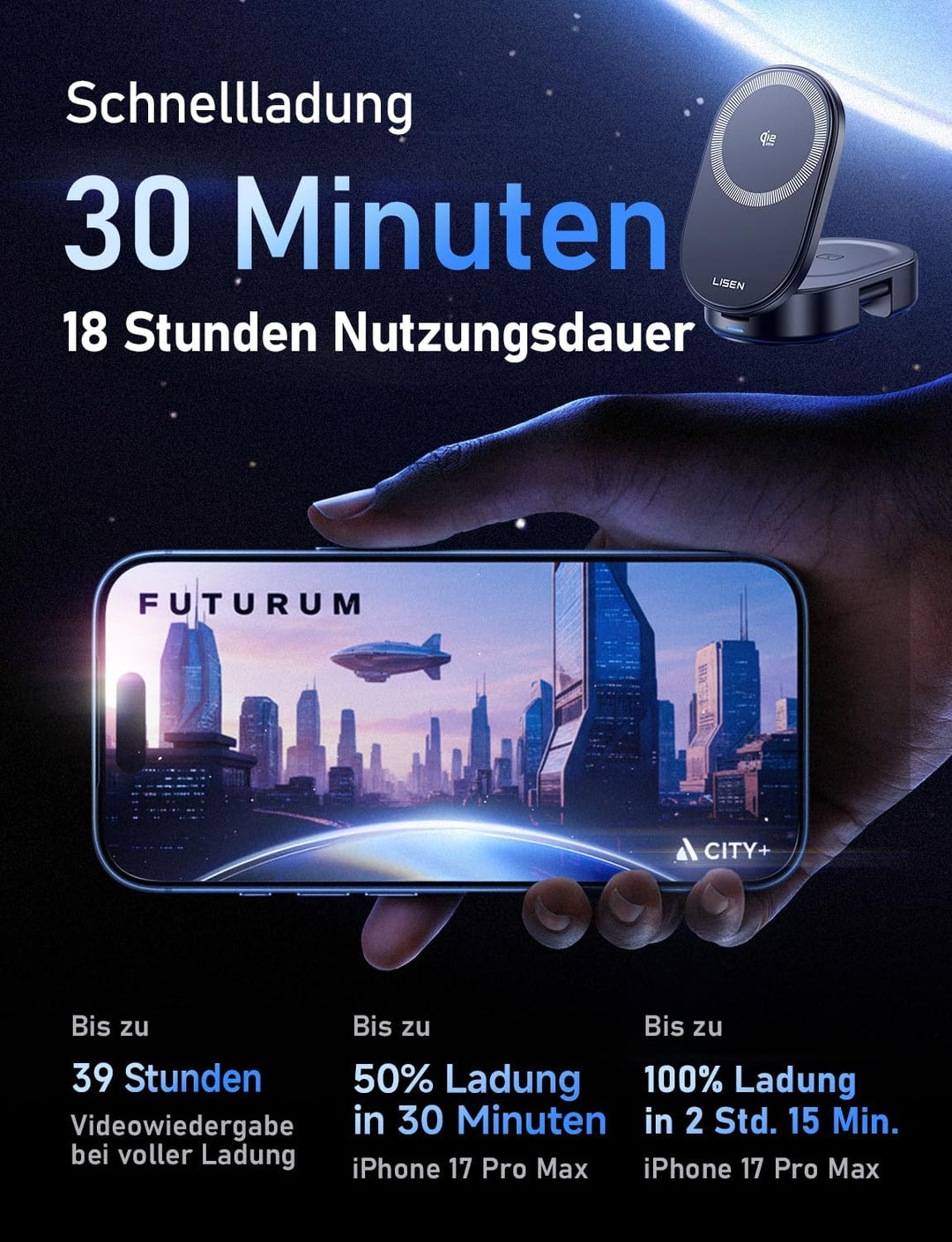 LISEN 25W Qi2.2 MagSafe Ladestation für Apple Watch und iPhone 17 Pro Max, 3-in-1 Magsafe Ladegerät,