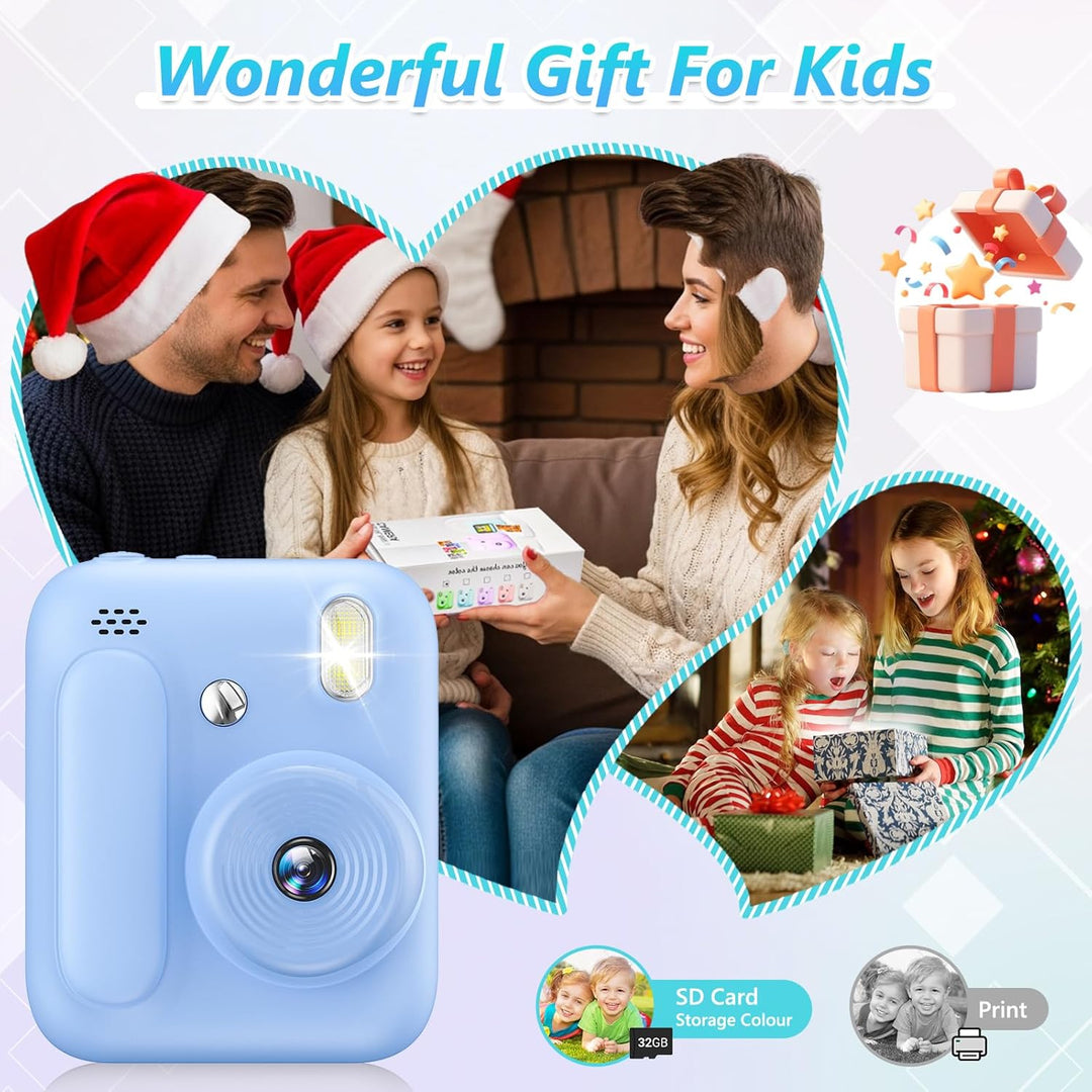 Sofortbildkamera für Kinder,1080P Kinderkamera mit 5 Rollen Druckpapier,32GB-Karte und Farbstiften,T