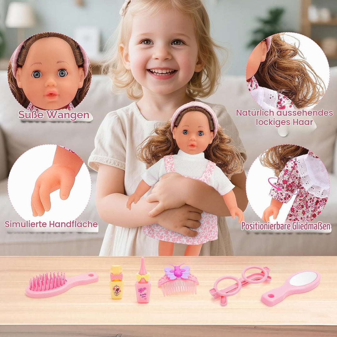 deAO Babypuppen-Spielset mit Zubehör, 38cm Puppe mit 4 Outfits und Puppenzubehör Spiegel Lockenstab