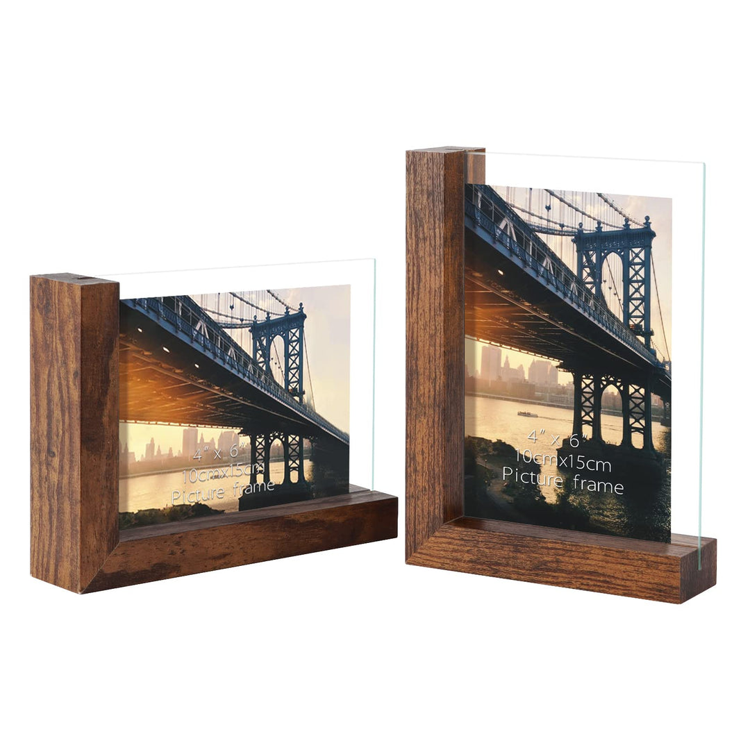 RLAVBL 2er Set Bilderrahmen 10x15 cm, Doppelseitiger Glasbilderrahmen mit L-förmigem MDF-Sockel, für