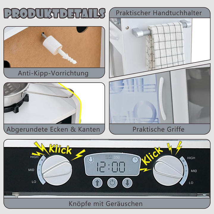COSTWAY Kinderküche mit 10 Spielzubehör, Spielküche Kinder mit Tafel, Spielzeugküche mit Mikrowelle