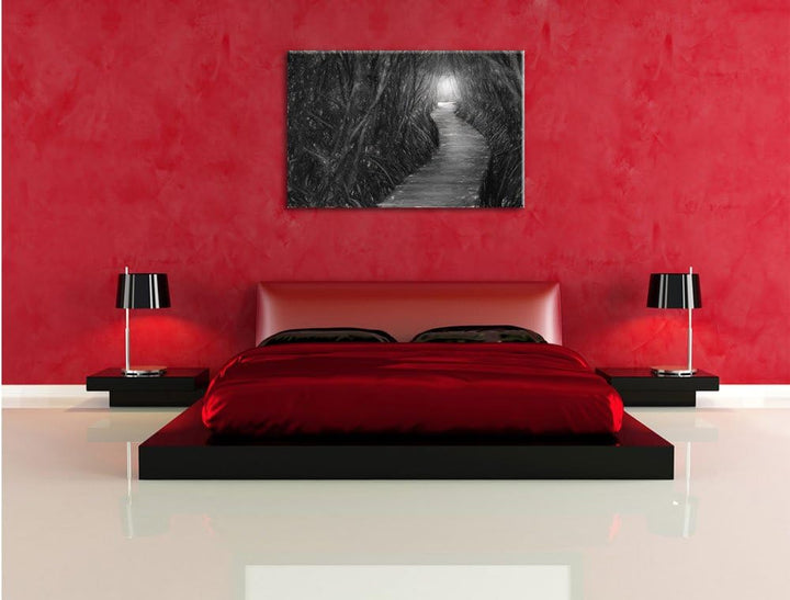 Pixxprint Gehweg im Wald / 100x70cm Leinwandbild bespannt auf Holzrahmen/Wandbild Kunstdruck Dekorat