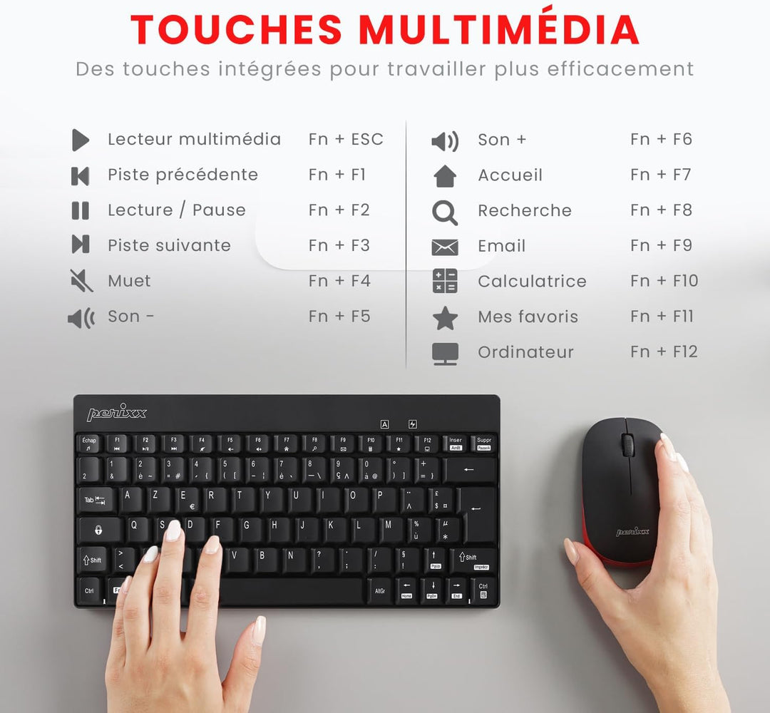 Perixx PERIDUO-712, Ensemble Clavier Souris Mini Sans Fil Pour Windows - 12 Touches Multimédia, Noir