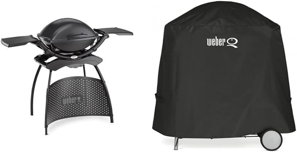 Weber Q2400 Elektrogrill, 55 x 39 cm, mit Standfuss & ausklappbaren Seitentischen, Dunkelgrau (55020