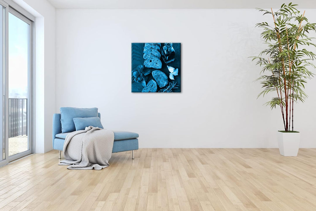 deyoli mediterranes Oliven Öl mit Brot Format: 70x70 Effekt: Monocrome Blau als Leinwandbild, Motiv