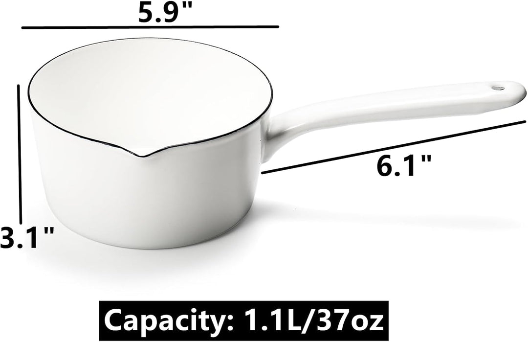 Peohud Stieltopf mit langem Griff aus Emaille, Induktion 16cm Topf Klein Stielkasserolle, Milchtopf