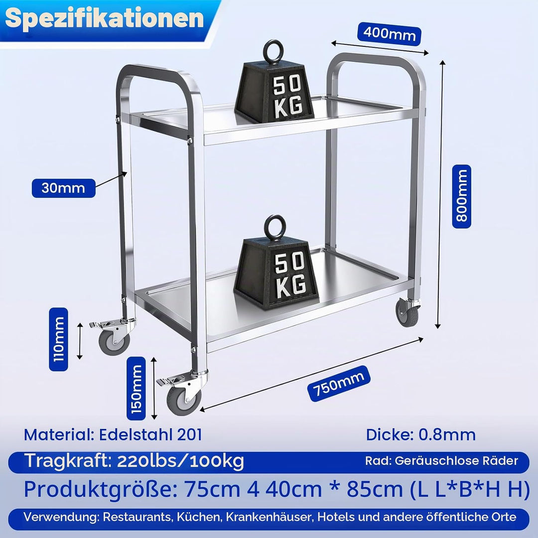 MOOTACO Servierwagen 2 Böden Küchenwagen Transportwagen Edelstahl mit 4 Rollen (2X bremsbar) für Res