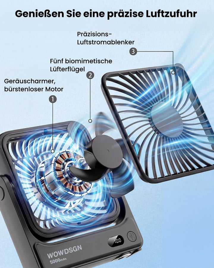 WOWDSGN Tischventilator USB 𝐦𝐢𝐭 𝐒𝐭𝐚𝐫𝐤𝐞𝐦 𝐌𝐚𝐠𝐧𝐞𝐭𝐟𝐮ss &amp; LED-Display, 𝟓𝟎𝟎𝟎𝐦𝐀𝐡 𝐀𝐤𝐤𝐮 Ventilator tragbar, 𝟒