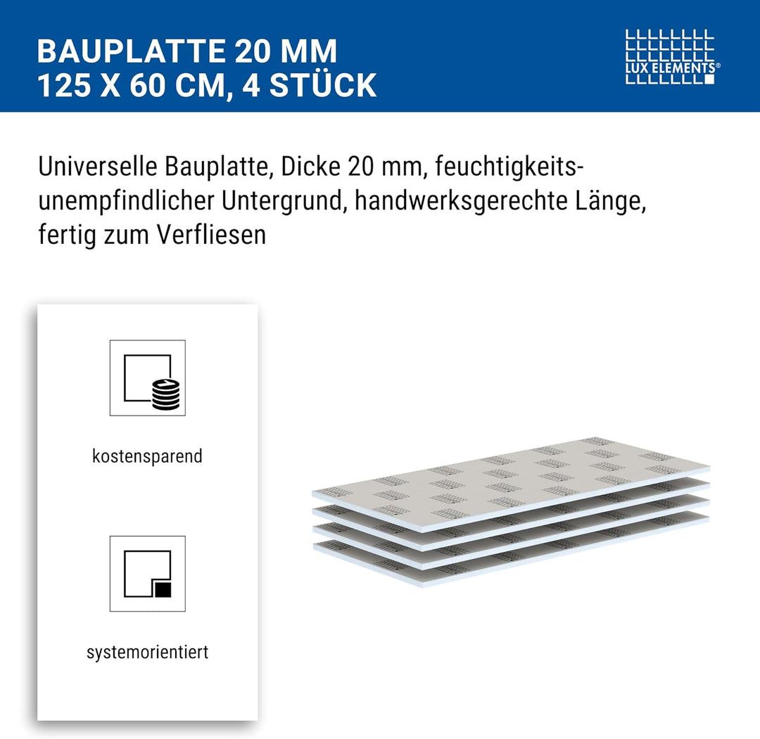 LUX ELEMENTS Bauplatte Fertig zum Verfliesen 125 x 60cm 4 Stk. I Hartschaumplatte 20mm aus expandier