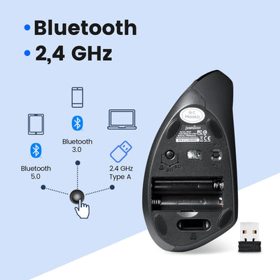 Perixx PERIMICE-813B Vertikale Bluetooth-Maus, kabellose 3-in-1-Multi-Device-Technologie, Reisetasch