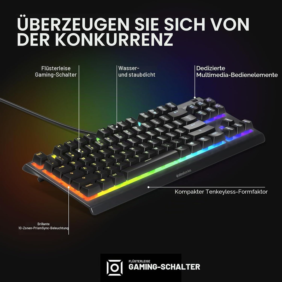 SteelSeries Apex 3 TKL RGB Gaming Tastatur - Tenkeyless Compact Formfaktor - 8-Zonen RGB Beleuchtung
