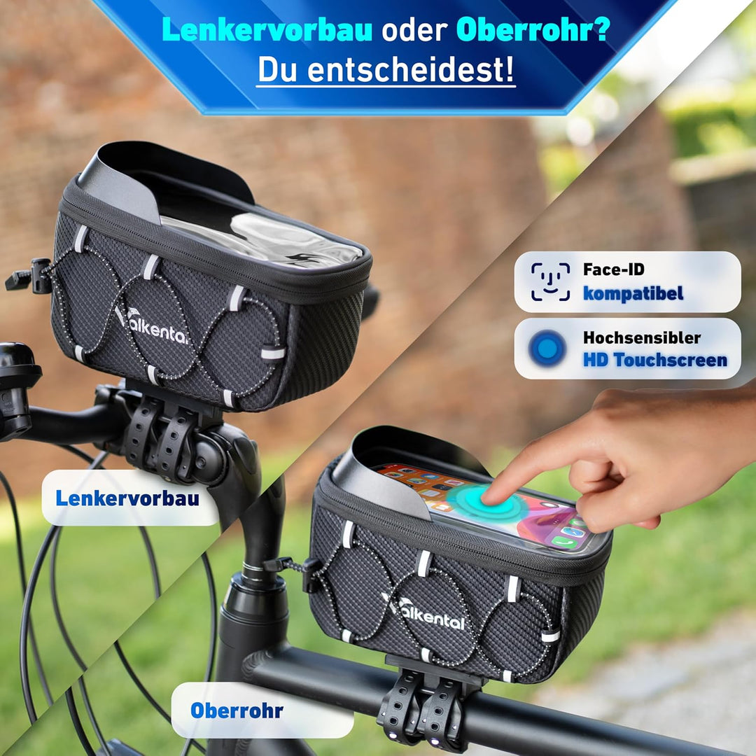Valkental® Fahrrad Rahmentasche [Innovativer Adapter] Wasserfeste Oberrohrtasche mit Schnellspanner