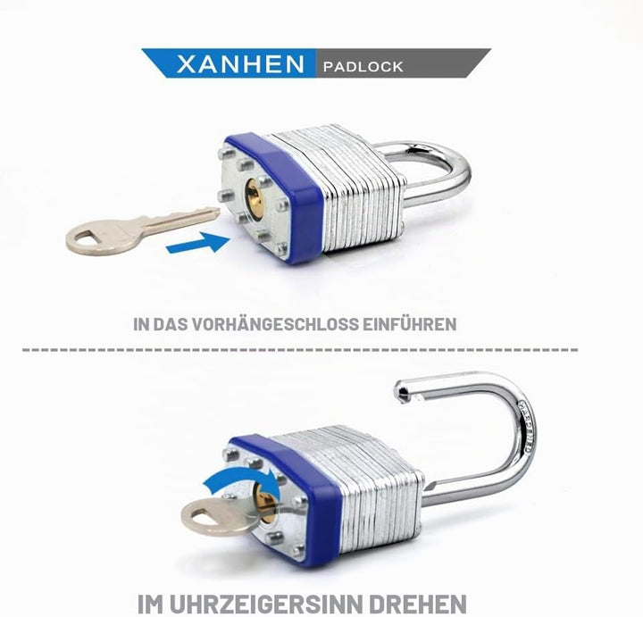 Vorhängeschlösser für den Aussenbereich, mit Schlüssel, laminierter Stahl, mit normalem Bügel, 12 St