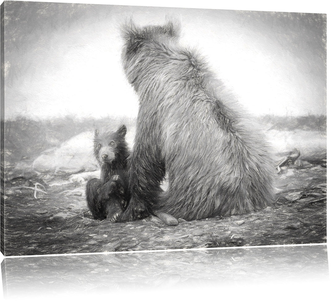 Pixxprint Bär mit Baby nach dem Baden als Leinwandbild/Grösse: 100x70 / Wandbild/Kunstdruck/fertig b