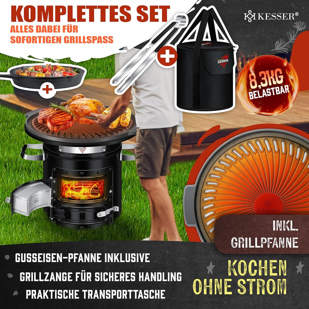 KESSER® Raketenofen inkl. Grillpfanne aus Gusseisen, Grillplatte, Grillzange & Tragetasche | Dutch O