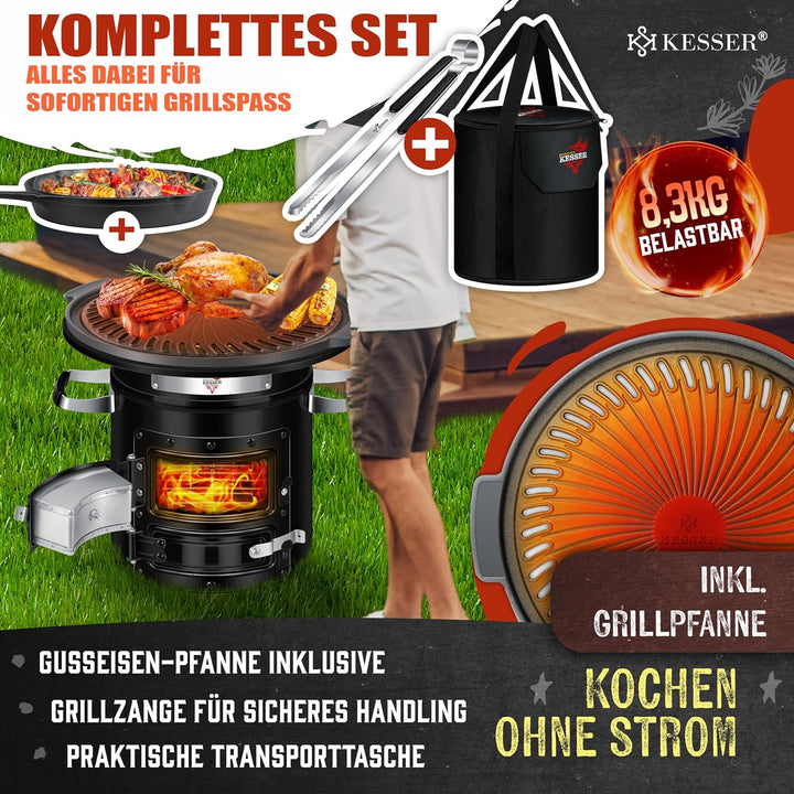 KESSER® Raketenofen inkl. Grillpfanne aus Gusseisen, Grillplatte, Grillzange & Tragetasche | Dutch O