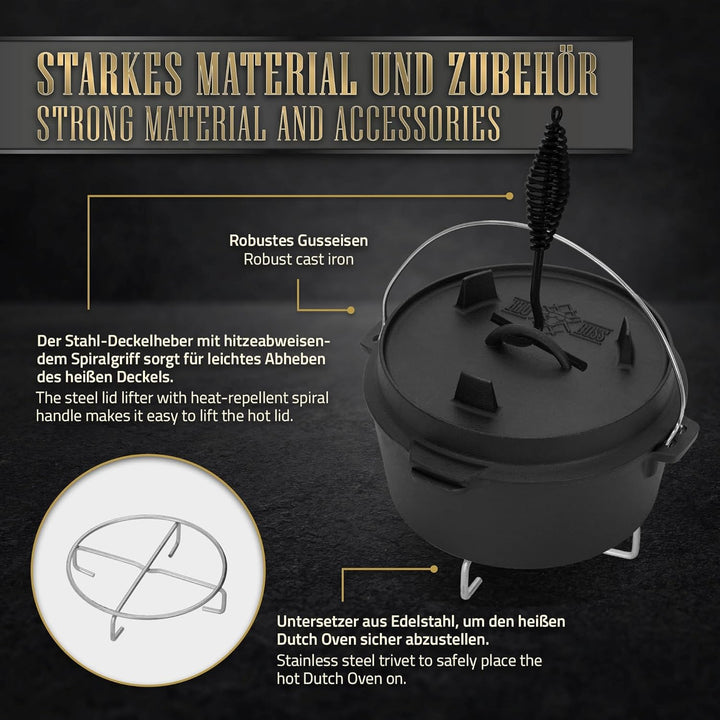 BBQ#BOSS Dutch Oven Set BBQ 4,2 Liter, Eingebrannter Feuertopf aus Gusseisen, Kochtopf mit Deckelheb