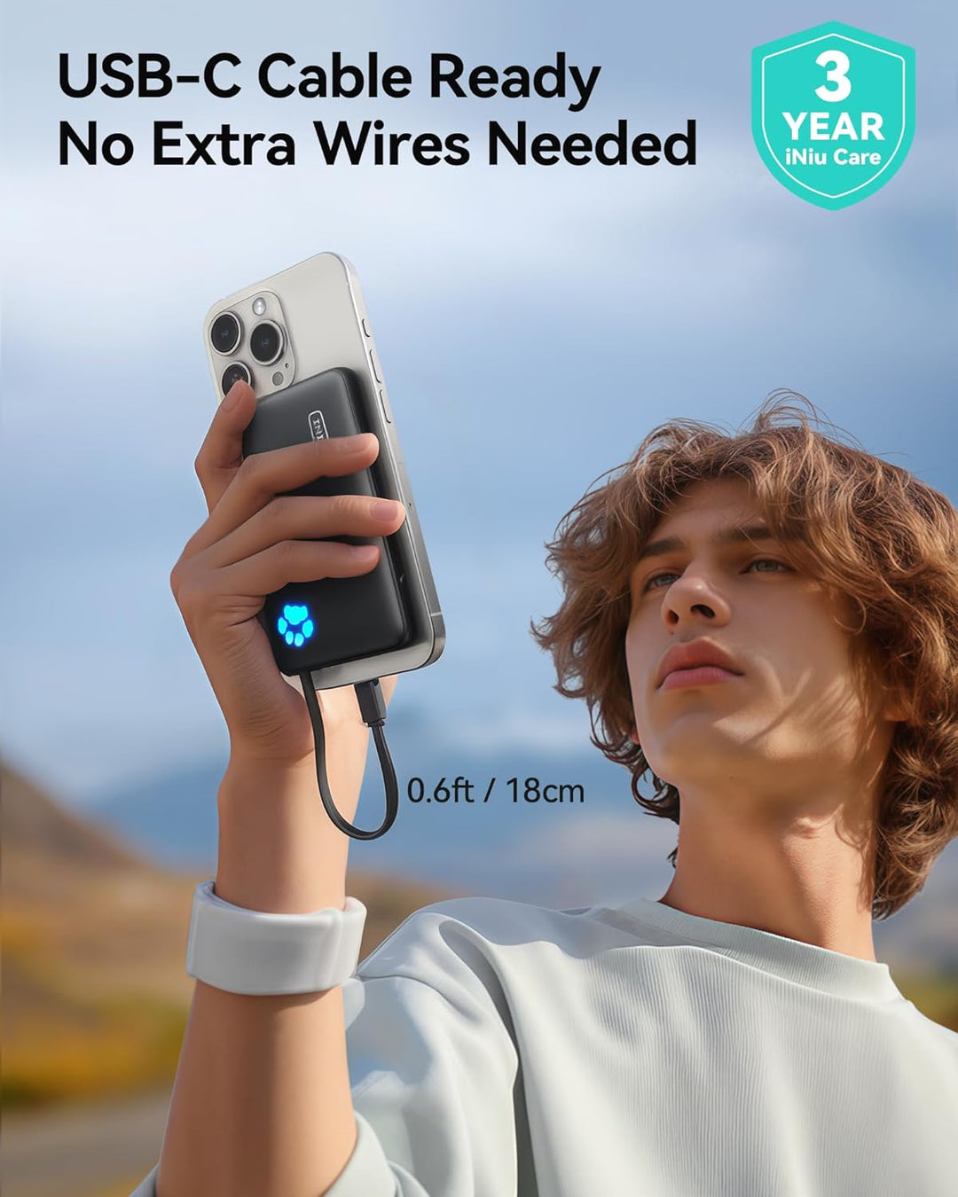 INIU Power Bank, Minigrösse 20W 10000mAh PowerBank mit Integriertem USB-C Kabel, PD3.0 QC4.0 USB C I