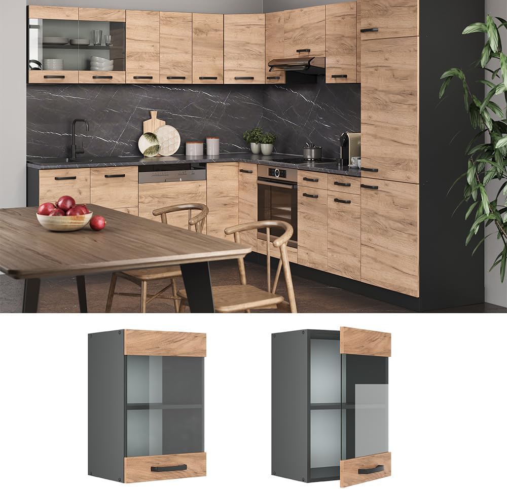 Vicco Küchenschrank Glas R-Line, Goldkraft Eiche/Anthrazit, 40 cm Goldkraft Eiche Hängeglasschrank 4