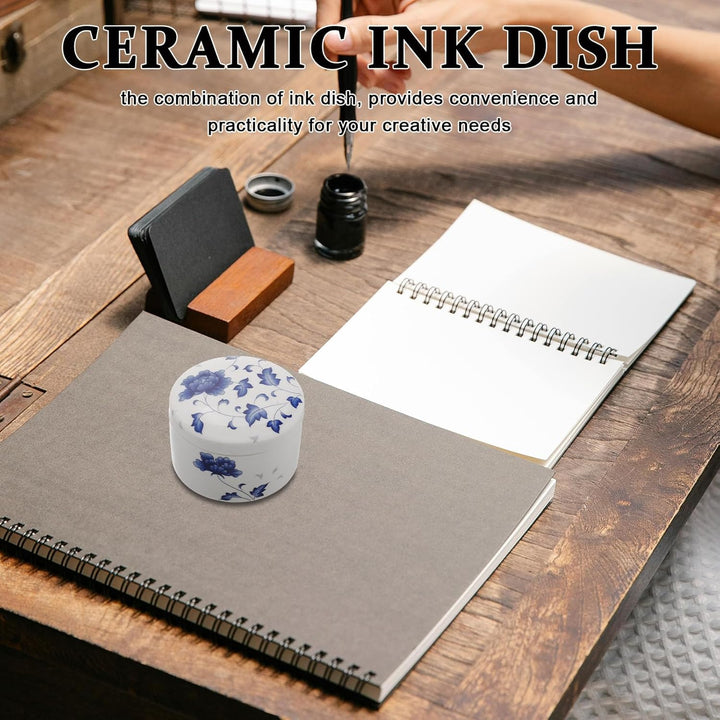 Blau Weisse Keramik Tintenschale mit Deckel Rundes Ink Well aus Keramik Verhindert Trocknen der Tint