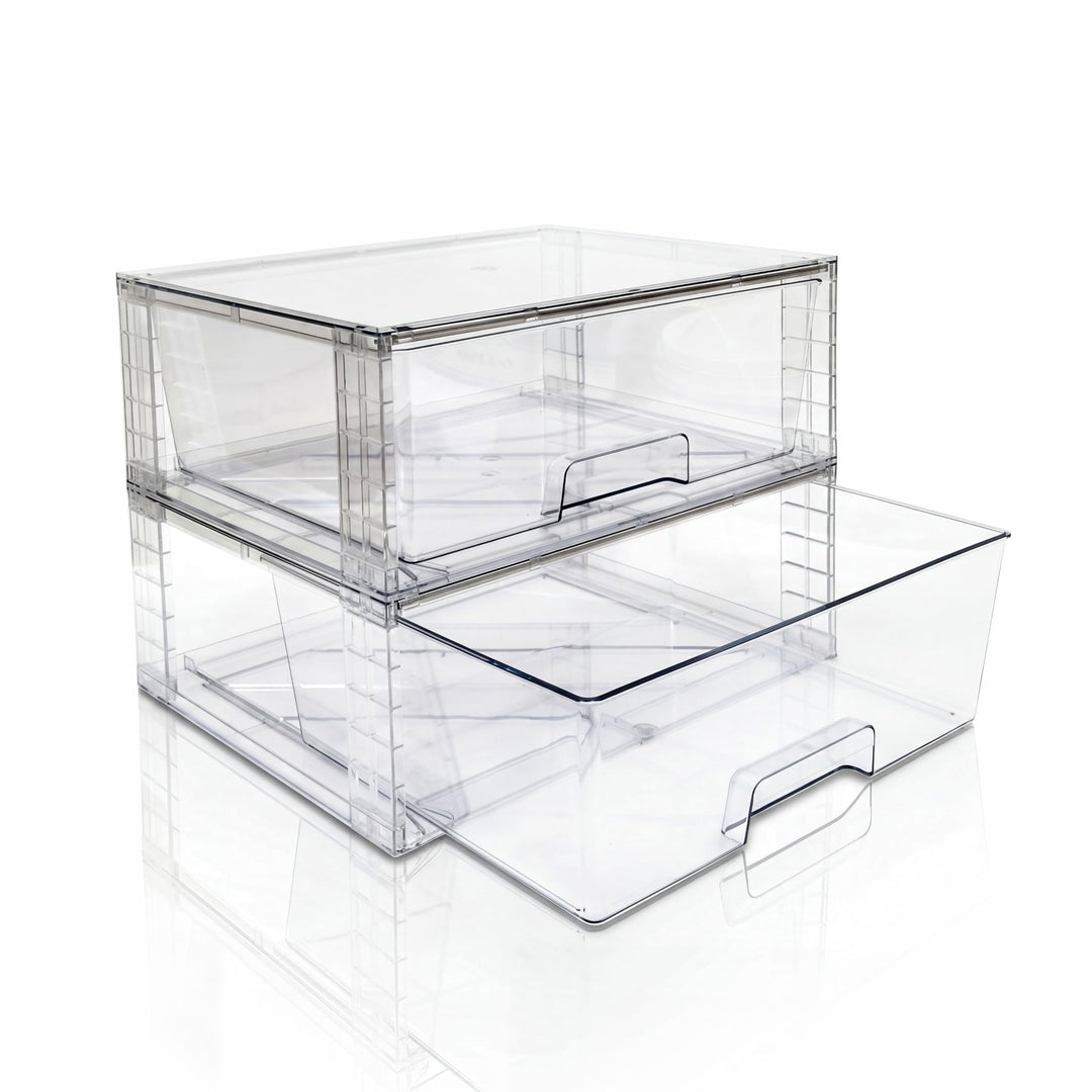 2er Set Breite Stapelbare Aufbewahrungsschubladen für Bad und Küche, Hochfeste Klare Acryl Organizer