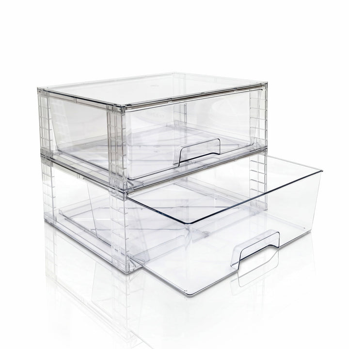 2er Set Breite Stapelbare Aufbewahrungsschubladen für Bad und Küche, Hochfeste Klare Acryl Organizer