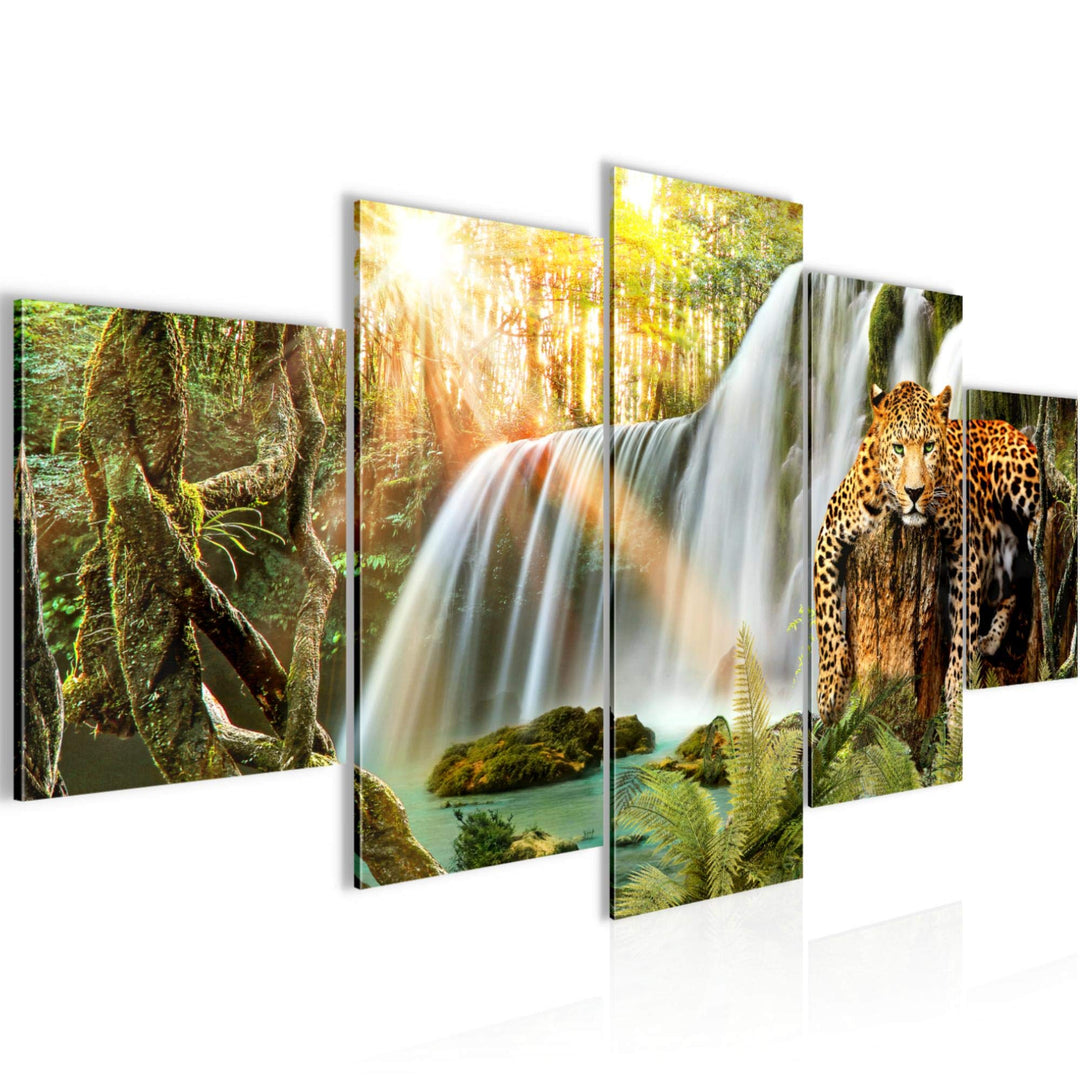 Runa Art Wandbilder Wasserfall Leopard 5 Teilig Bild auf Vlies Leinwand Deko Wohnzimmer Schlafzimmer