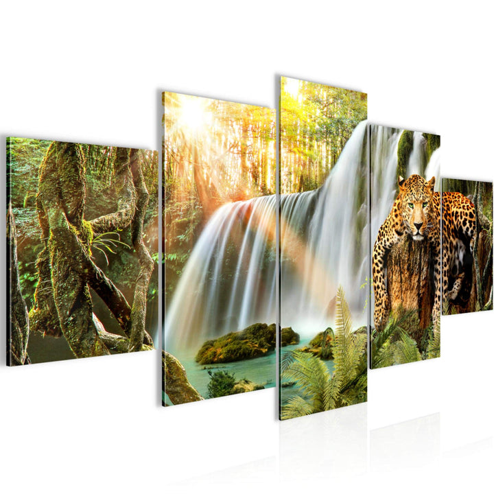 Runa Art Wandbilder Wasserfall Leopard 5 Teilig Bild auf Vlies Leinwand Deko Wohnzimmer Schlafzimmer