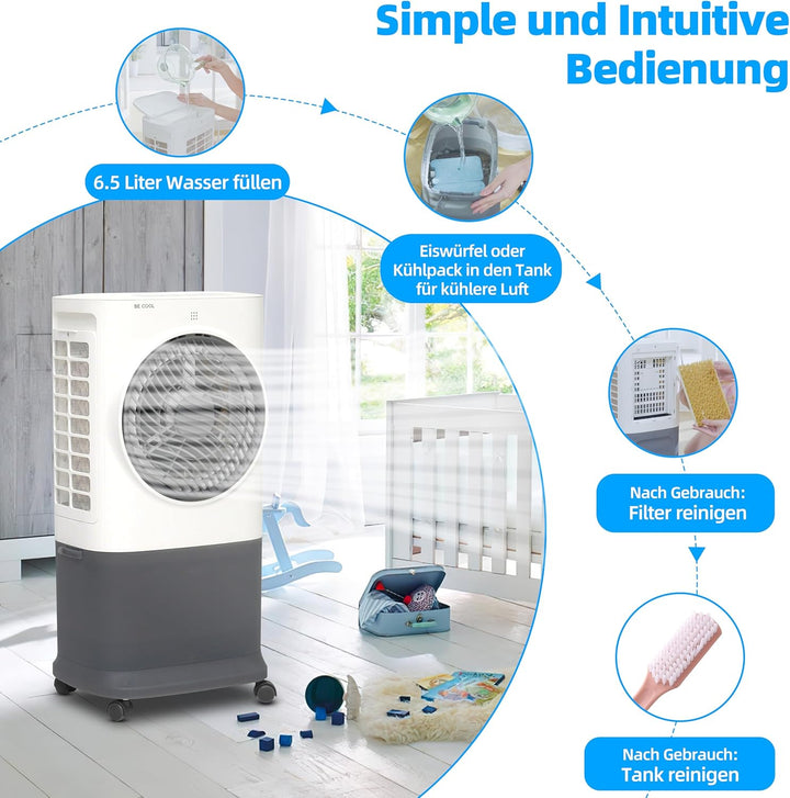 BE COOL Premium Luftkühler BC6ACP2501W mit WiFi, 6,5L Wassertank, 340 m³/h Luftleistung, Timer, Fern