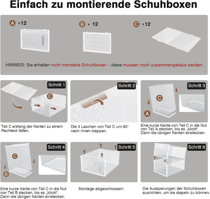 12er Set Schuhboxen stapelbar transparent, faltbare Schuh-Organizer