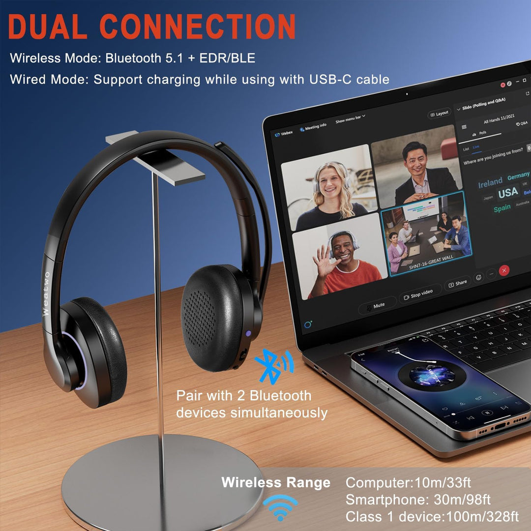 Bluetooth Headset V5.1 Klasse 1, Wireless Headset mit CVC8.0 Dual Mikrofon Noise Cancelling Headset