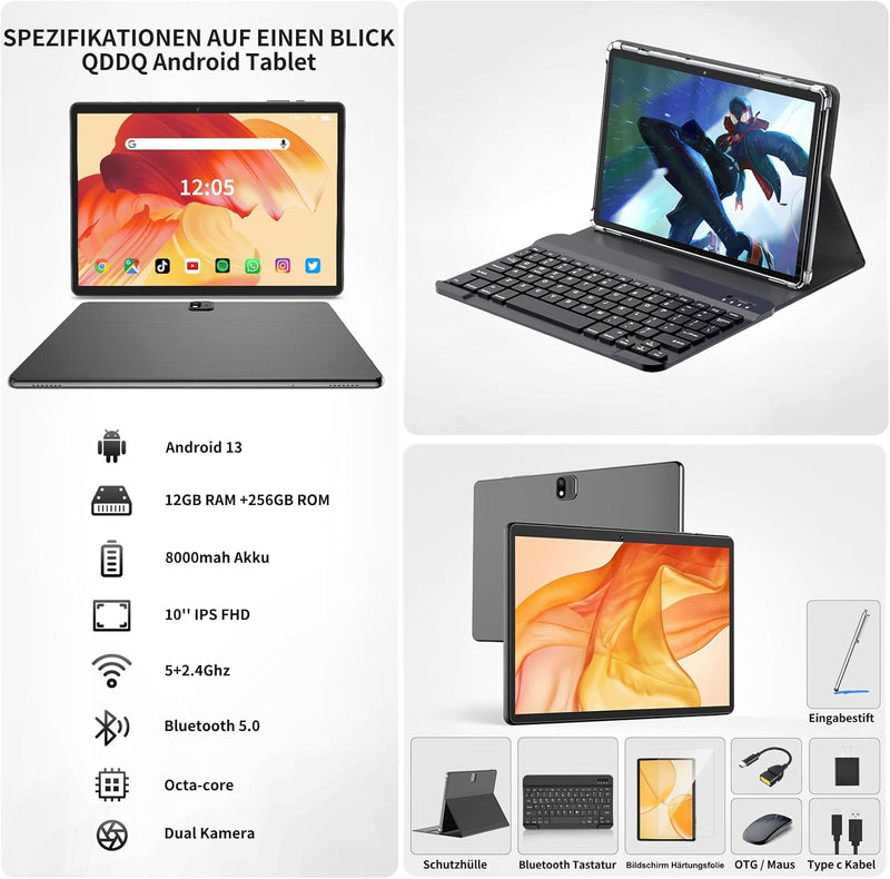 QDDQ Tablet 10 Zoll, 2-in-1 Tablet mit Tastatur, Android 13 Tablet, 256GB ROM+1TB TF, 8000mAh mit Hü