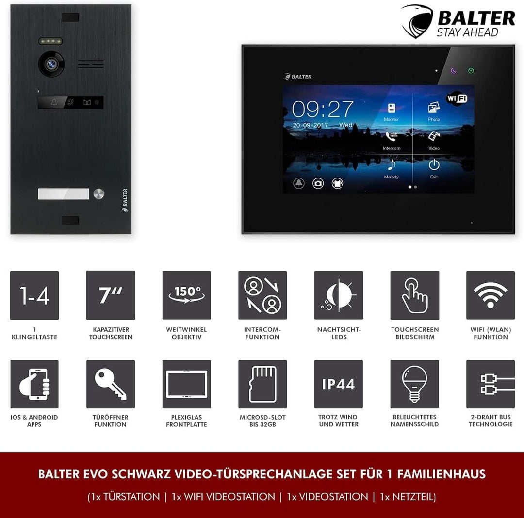 Nonic Balter EVO Video-Türsprechanlage WLAN Set 1 Familienhaus (1x Türstation mit Kamera Schwarz, 1x