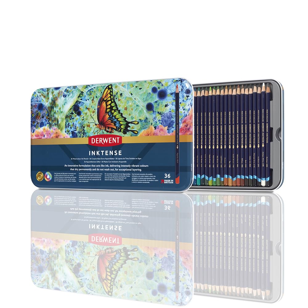 Derwent Inktense Permanent Wasserlösliche Aquarellstifte, 36er Set, Buntstifte mit 4 mm Premium Kern