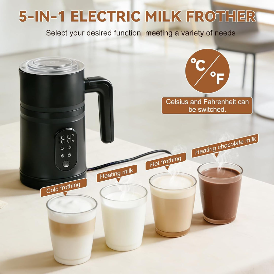 5-in-1 Milchaufschäumer Elektrisch mit Temperaturanzeige in Celsius & Fahrenheit, 590ML(Gesamtvolume