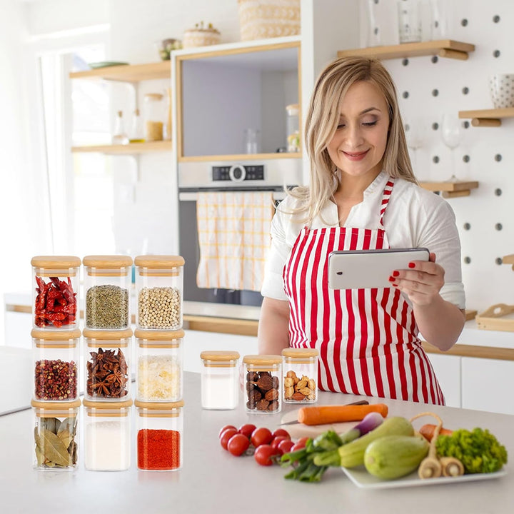 12er Set Gewürzgläser eckig 200 ml luftdicht mit Holzdeckel,Gewürzdosen Set Glas,Gewürzbehälter Spic