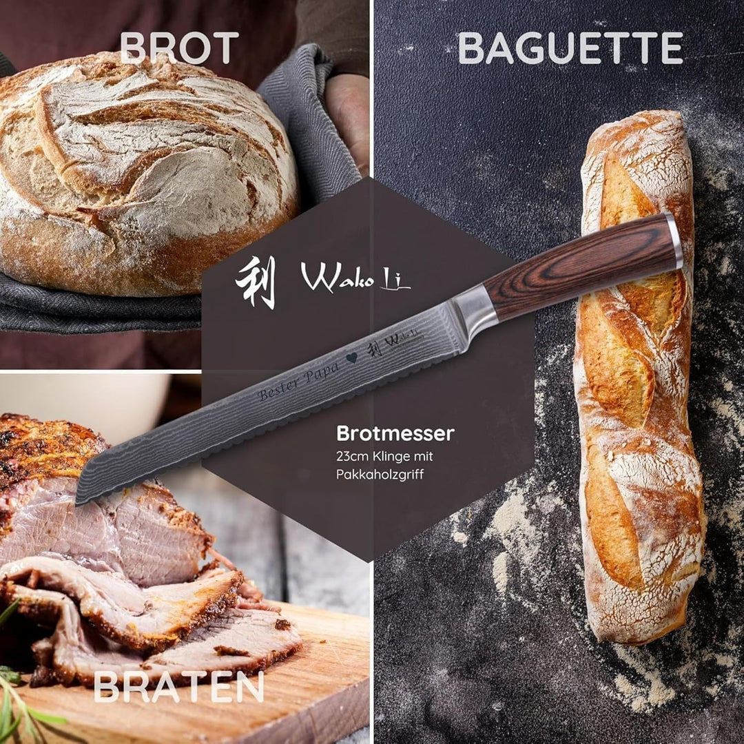 Wakoli EDIB Damast Brotmesser mit Gravur – Personalisiertes Brotmesser, 23cm Wellenschliff-Klinge au