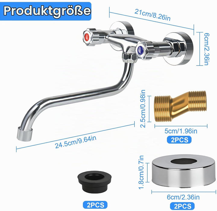 Wand-Zweigriffmischer aus Messing, 360° Schwenkbarer Spültisch, Warm und Kaltwasserschaltung, Wandar