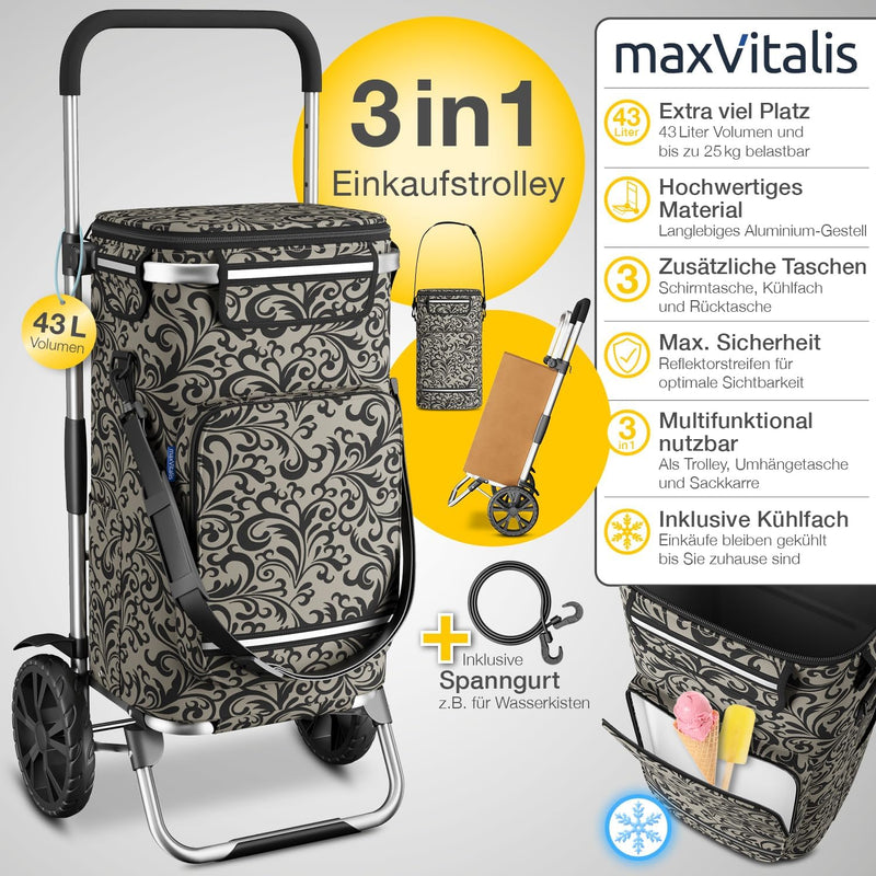 maxVitalis Einkaufstrolley klappbar, Einkaufswagen mit Kühlfach, 3in1 Trolley, Sackkarre & Umhängeta