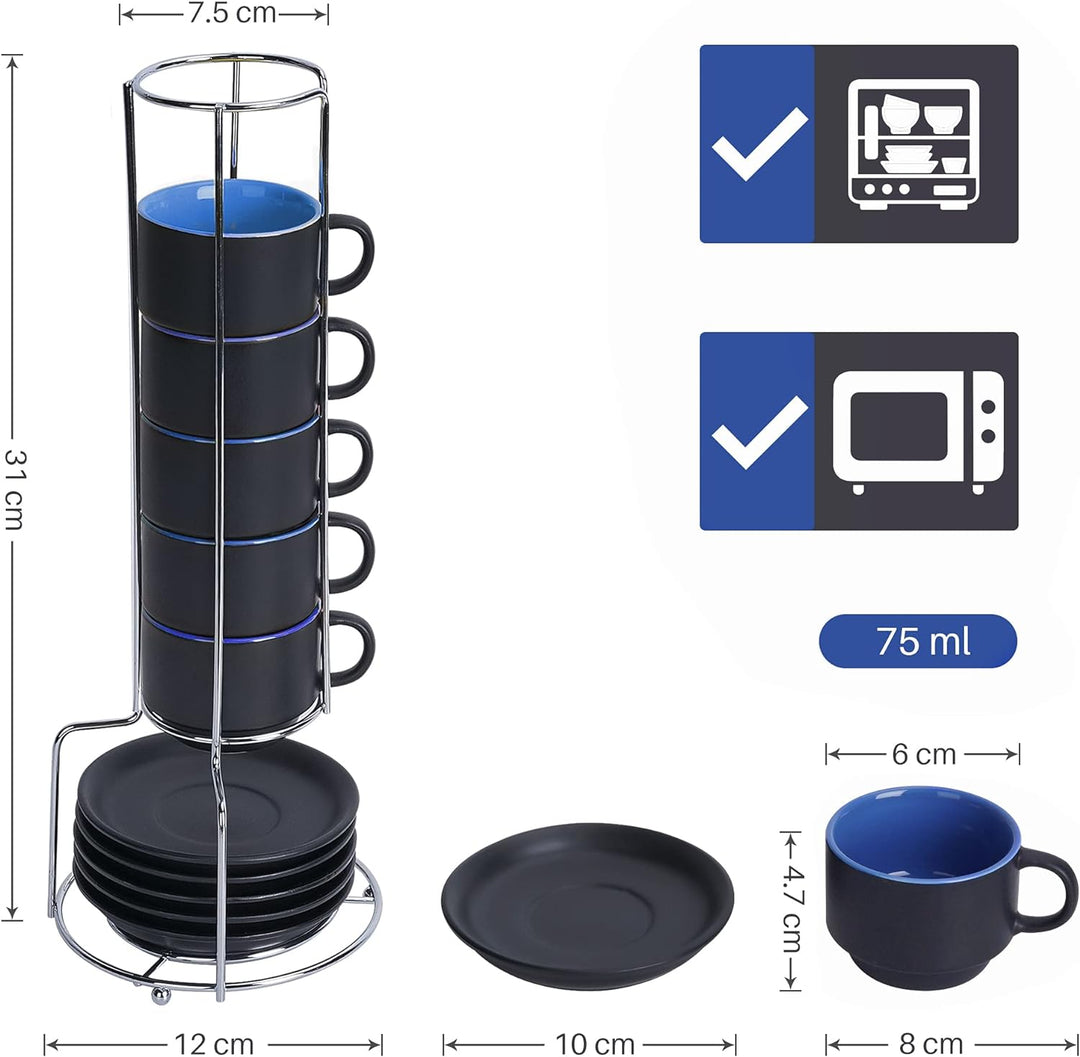 MIAMIO - 6 x 75 ml Espressotassen Set/Espresso Tassen Set mit Untertasse & Ständer - Kaffeetassen Se