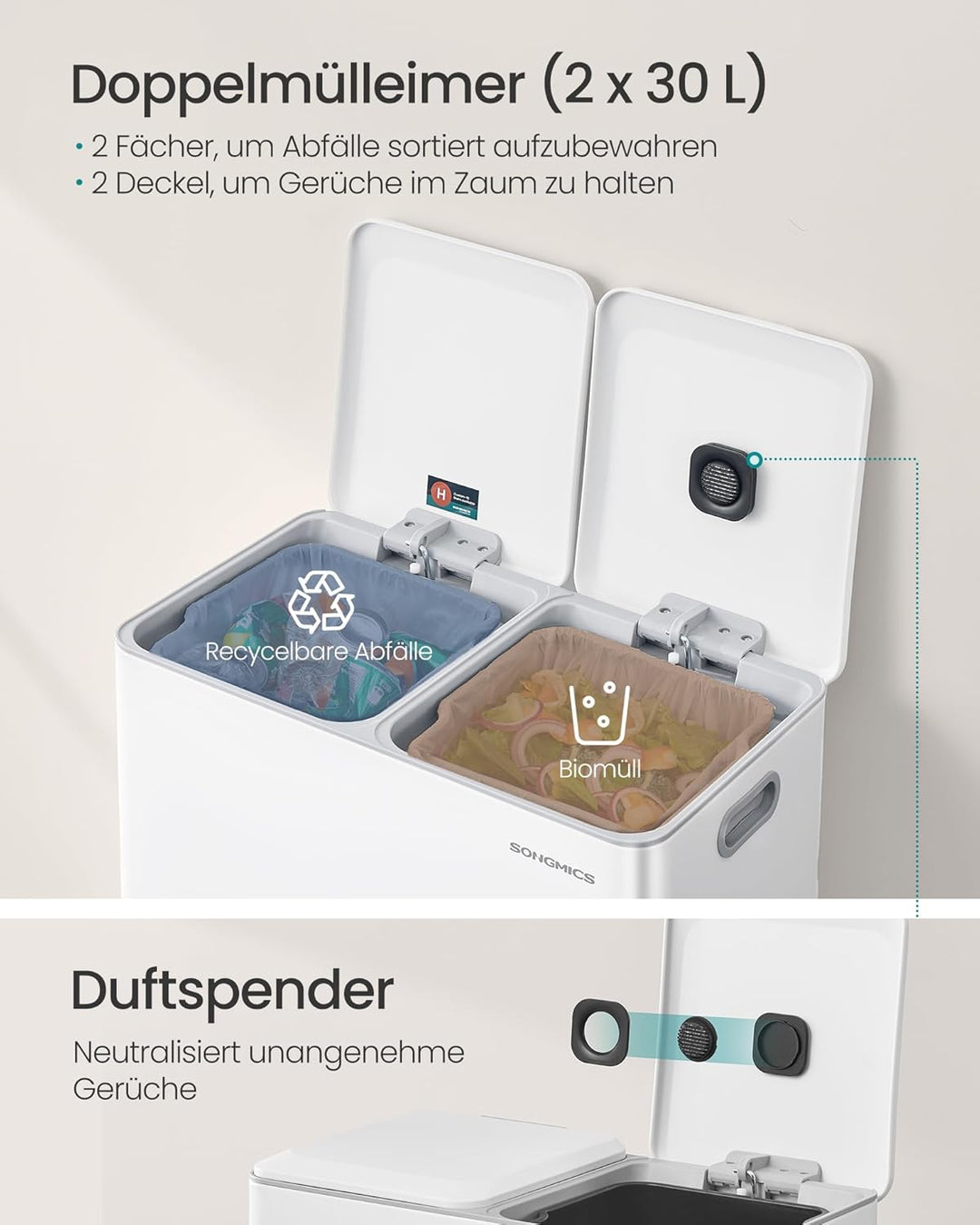 SONGMICS Mülleimer Küche, 2 x 30 L, 2 Fächer, Mülltrennsystem, Softclose, herausnehmbare Inneneimer,