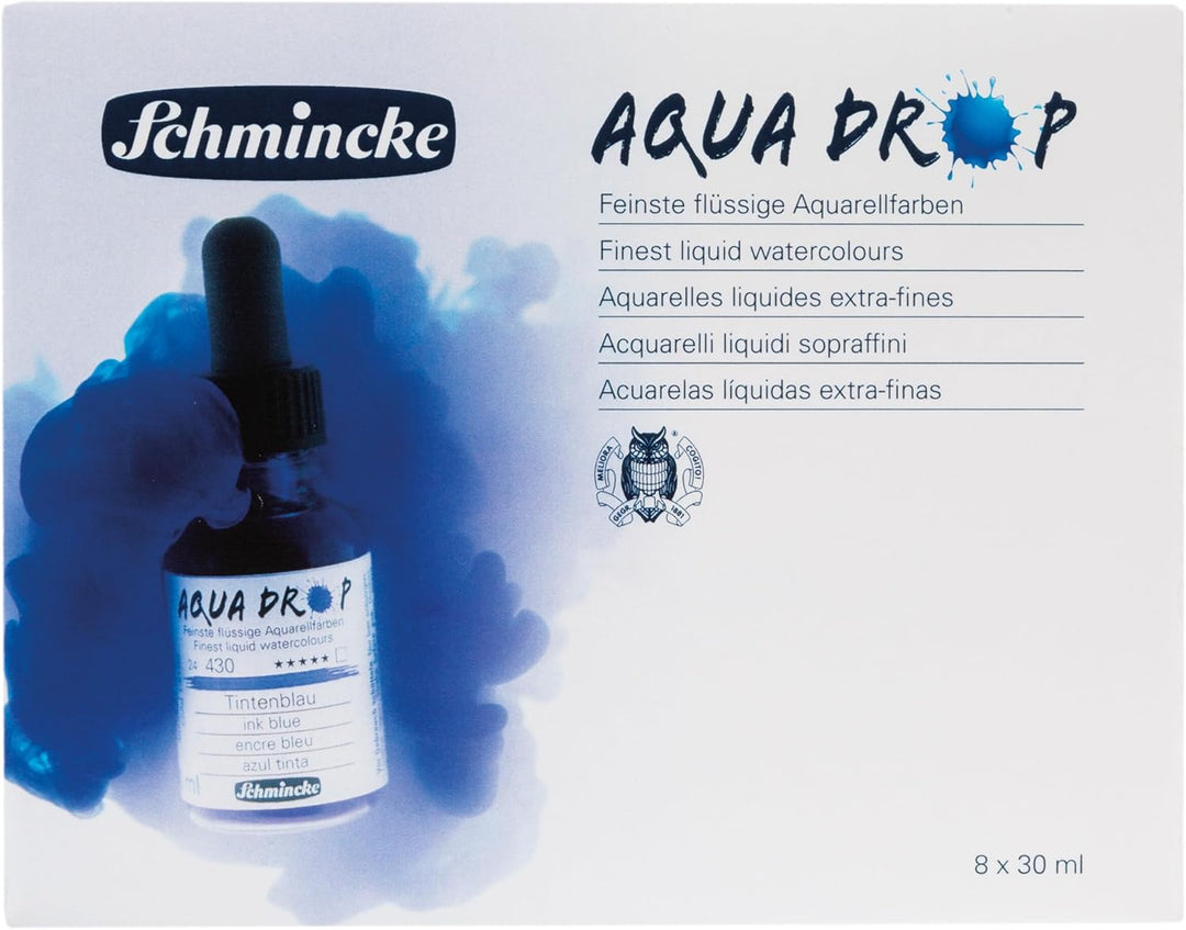 Schmincke - AQUA DROP, flüssige, hochlichtechte Aquarellfarbe, 8 x 30 ml Farben, 78 703 097, Set für